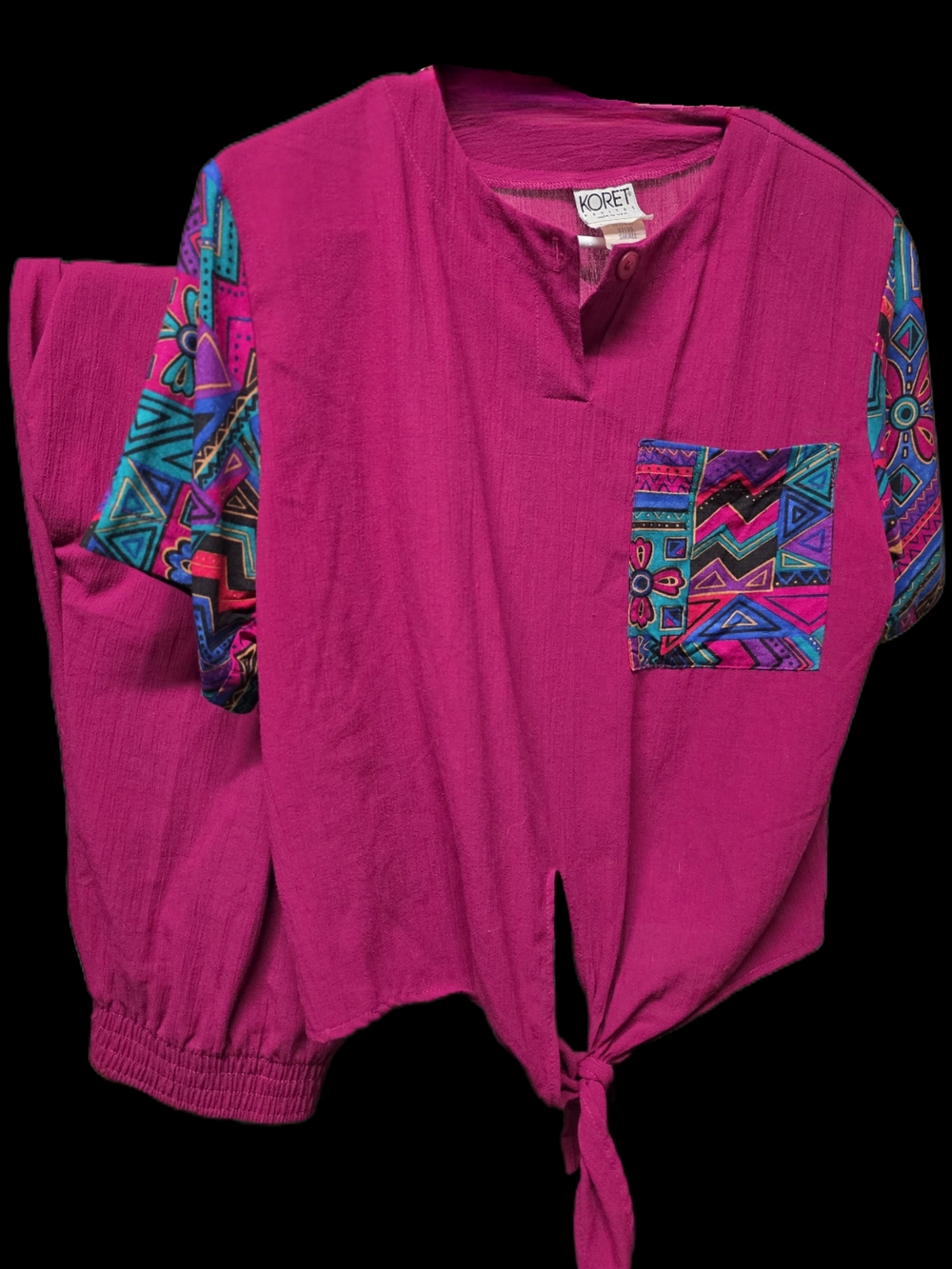 Koret Two Piece Fuchsia Tie-Front Top with Aztec Accent